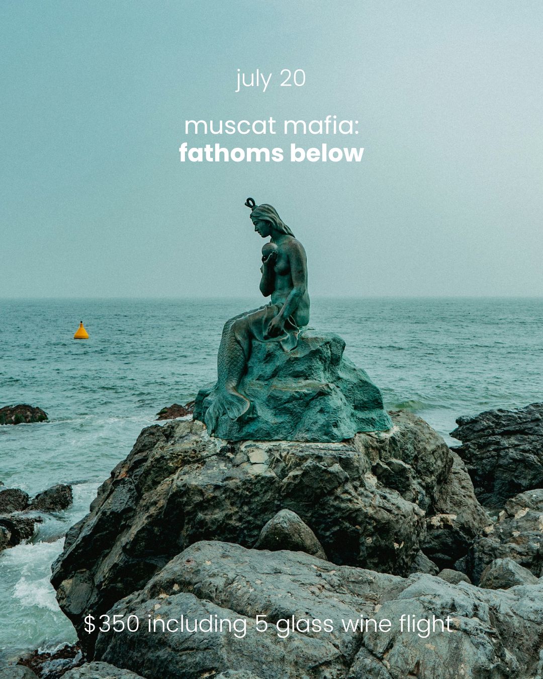 Statue on rocks with ocean view and text about a wine event.